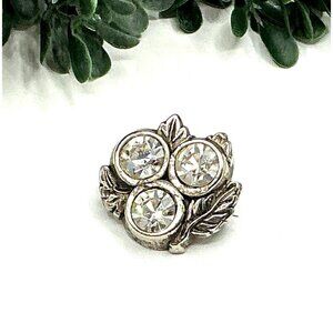 Vintage Silver Tone Leaf Brooch With Clear Rhinestones